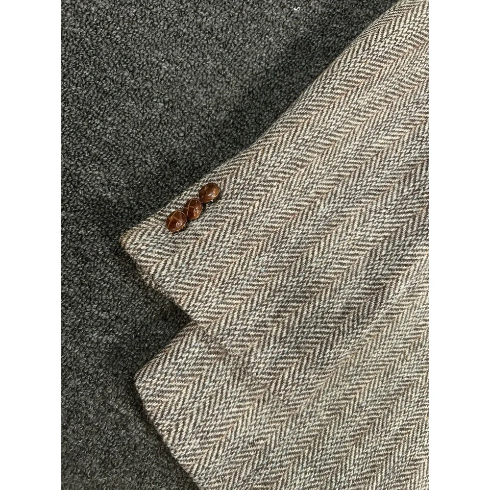 Vintage Harris Tweed Blazer Jacket Men's 42R Beige Herringbone Scottish Wool